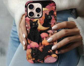 Halloween Black Cat Mosaic Phone Case,Cottagecore Mushroom Stained Glass Cover iPhone 16 15 14 13 12 Samsung Galaxy S24 S23 S22 Google Pixel