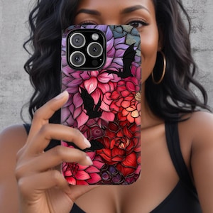 Gothic Flower Bat Phone Case, Spooky Dark Floral Stained Glass Cover iPhone 16 15 14 13 12 Pro Max Samsung Galaxy S24 S23 S22 Google Pixel
