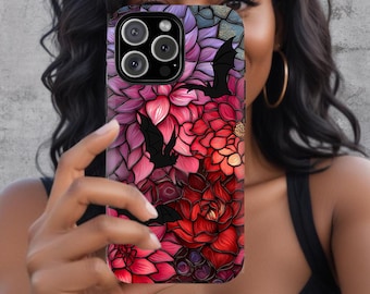 Gothic Flower Bat Phone Case, Spooky Dark Floral Stained Glass Cover iPhone 16 15 14 13 12 Pro Max Samsung Galaxy S24 S23 S22 Google Pixel