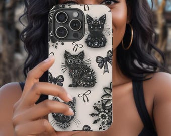Cute Black Cat Phone Case, Cat Lover Halloween Mosaic Cover iPhone 15 14 13 12 11 X Pro Max Plus Samsung Galaxy S24 S23 S22 Google Pixel