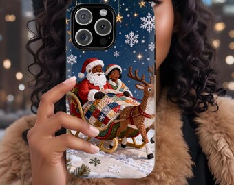 African American Mr Mrs Santa Claus Phone Case for iPhone Samsung Galaxy Google Pixel, Black St Nick Christmas Phone Protector