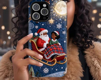 African American Mr Mrs Santa Claus Phone Case for iPhone Samsung Galaxy Google Pixel, Black Christmas Phone Protector