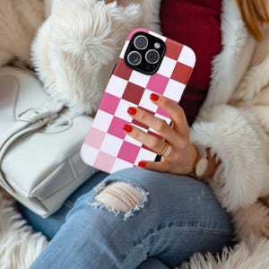 Pink and Red Checkerboard Phone Case for iPhone 16 15 14 13 12 11 Pro Max Samsung Galaxy S24 S23 Google Pixel, Valentines Day Checker Cover