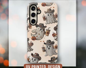 May include: A phone case with a white background and a pattern of ghosts holding coffee cups and pumpkins. The ghosts are wearing cowboy hats and have sparkly details. The case has a black camera cutout and the text "UV PRINTED DESIGN" at the bottom.