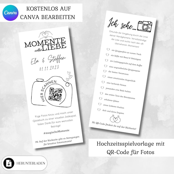 Elegantes Hochzeitsspiel: Personalisierbare QR-Code Vorlage für unvergessliche Momente auf Canva editierbar