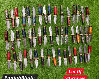 Lot Of 20 Handmade Damascus Steel Hunting Knives 6 Inches With Leather Sheath, Best For Camping,
