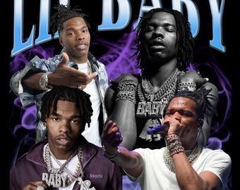 May include: A graphic design featuring four images of Lil Baby on a black background. The words "Lil Baby" are in large, light blue letters at the top. The images show Lil Baby wearing jewelry and a white t-shirt.