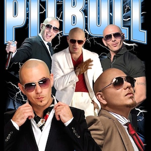 以下が含まれることがあります： ミュージシャン、ピットブルをフィーチャーした画像のコラージュ。画像は、ピットブルが白いスーツ、黒いスーツ、茶色のジャケットなど、さまざまな服装をしている様子を映し出しています。画像の上部には、「PITBULL」という文字が大きな青い文字で表示されています。