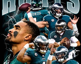 May include: A collage of images featuring Philadelphia Eagles quarterback Jalen Hurts. The images show Hurts in various poses, including throwing a football, running with the ball, and celebrating a touchdown. The text "HURTS" and "JALEN" are featured in the image.