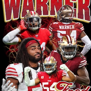 Puede incluir: Impresión digital que presenta a un jugador de fútbol americano con uniforme rojo y dorado. La palabra "WARNER" está en la parte superior y "54 Fred" en la inferior. Fondo negro con rayos. Tema de fútbol americano.