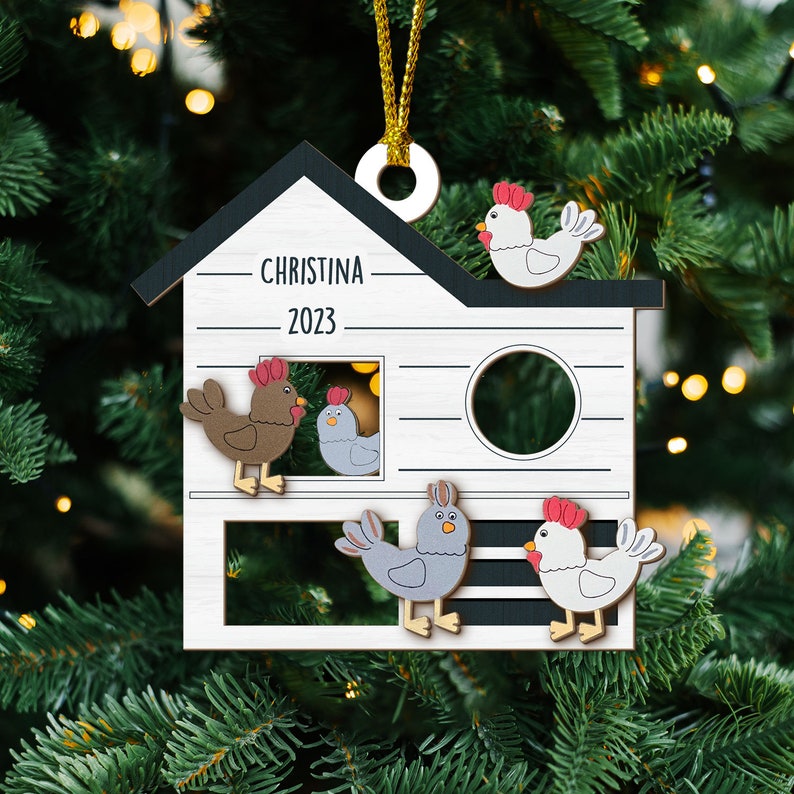 Personalized Chicken Coop Ornament, Wooden Chicken Ornament, Farm
