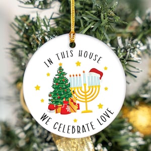 Personalized Hanukkah Ornament, Christmas Hanukkah Ceramic Ornament, Interfaith Family Gift Ideas, Jewish and Christian Family Decorations