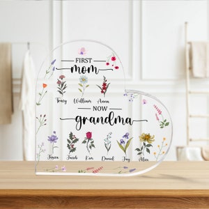 Personalized First Mom Now Grandma , Birth Month Flowers Gifts For Mom, Gifts For Grandma, Christmas Gifts, Nana Gifts Heart Acrylic Plaque
