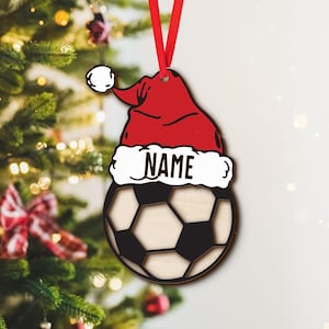 Custom Sports Santa Hat Ornaments, Personalization Name Sports Ornaments, Football, Baseball, Basketball, Soccer Ball Wooden Ornaments