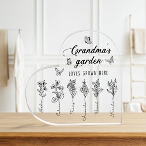Personalized Grandma&#39;s Garden Heart Acrylic Plaque, Gift for Grandma from Grandchildren, Mothers Day Gift For Grandma, Nana Gifts