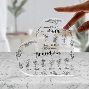 Personalized First Mom, Now Grandma Heart Acrylic Plaque, Birth Month Flowers Gifts For Mom, Gifts For Grandma, Christmas Gifts, Nana Gifts