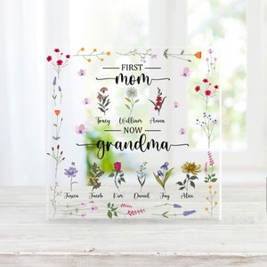 Personalized First Mom Now Grandma , Birth Month Flowers Gifts For Mom, Gifts For Grandma, Christmas Gifts, Nana Gifts Heart Acrylic Plaque