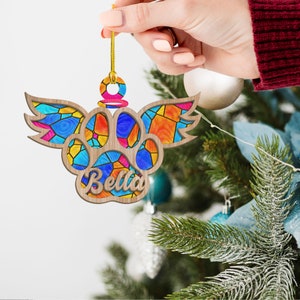 Personalisierte Name Regenbogen Brücke Flügel Suncatcher Ornament, Haustier Erinnerungsgeschenk, Hund Suncatcher, individuelles Katzen Erinnerungsgeschenk, Pfote mit Namen