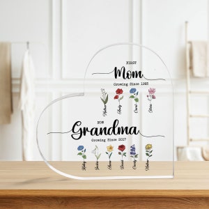 Custom Birth Month Flowers - Grandma&#39;s Garden Acrylic Plaque - First Mom, Now Grandma - Gift for Mom and Grandma on First Mother&#39;s Day