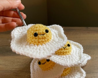 Happy Fried Eggs, sunny side up smiling egg crocheted amigurumi