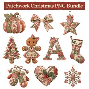 Può includere: Una collezione digitale intitolata Patchwork Christmas PNG Bundle che presenta varie illustrazioni a tema natalizio, tra cui una zucca, un fiocco, una stella, un albero, un omino di pan di zenzero, la lettera A, una calza, muffole, un cuore e un fiocco di neve.