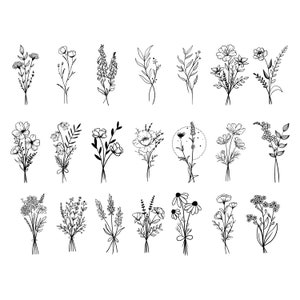 Pacote de buquê svg, flores svg png desenhado à mão, floral svg, flores silvestres svg, buquê minimalista svg, botânico svg, plantas de campo svg