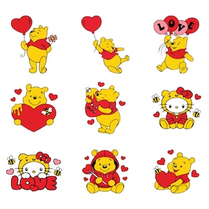 Svg de Winnie l'ourson, clipart winnie l'ourson, contour, fichiers de découpe, fichiers de coupe, chemise Winnie l'ourson, Svg de la Saint-Valentin, coeur Svg, Png