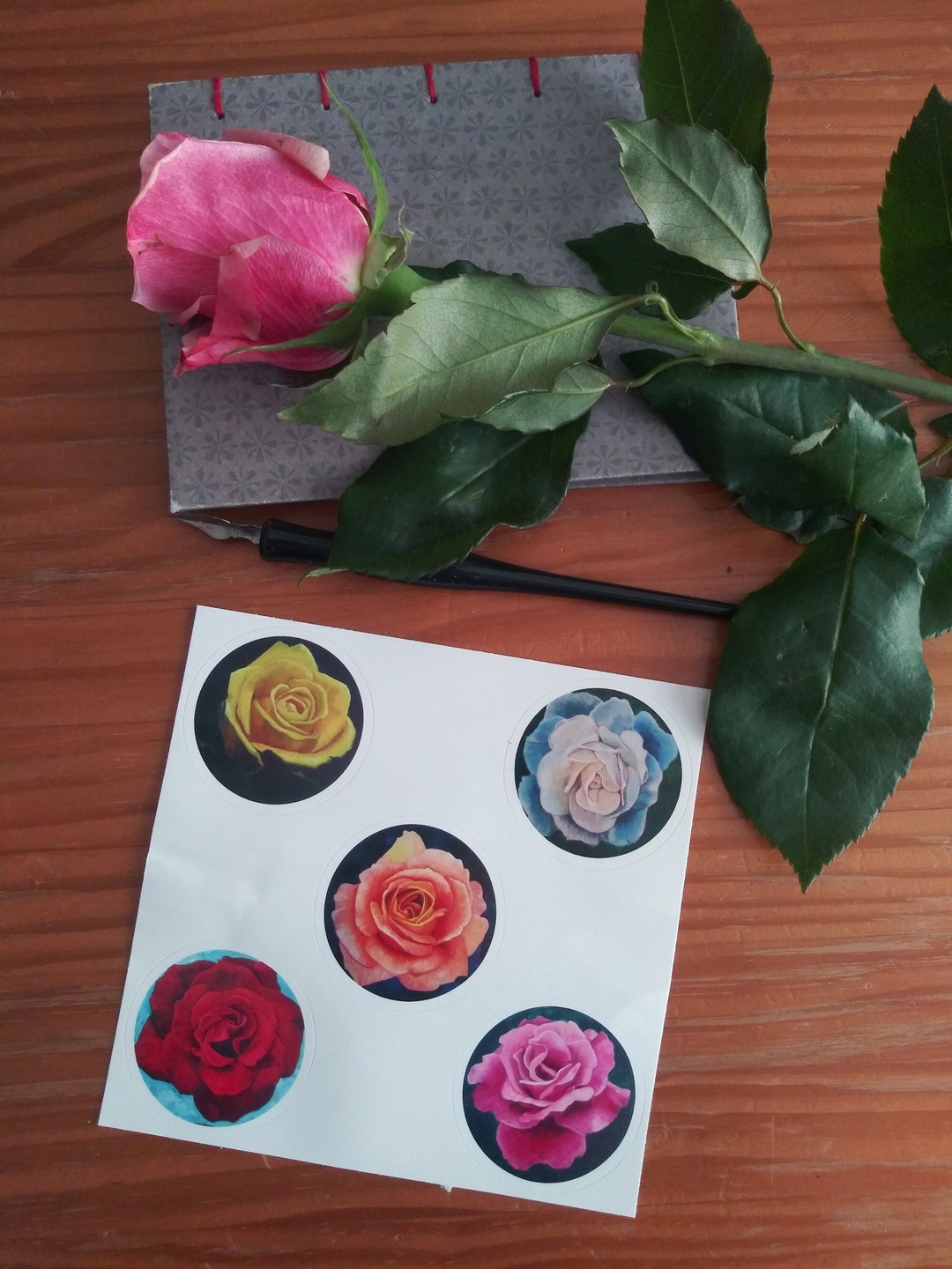 Round Sticker Rose Round Realistic Rose Stickers Red Pink White Yellow and - Etsy
