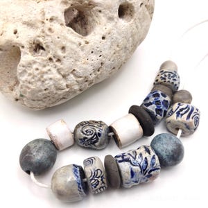 Raku Ceramic Beads: Blue White Patinated Boho style beads for Jewelry Making