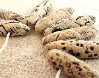 Raku Ceramic beads Handmade unique patinated dingy charms for Jewelry making textured long beads