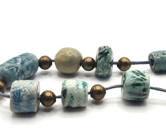 Ceramic Bead Set Handmade Jewellery making set of 7 Blue mixed unique beads