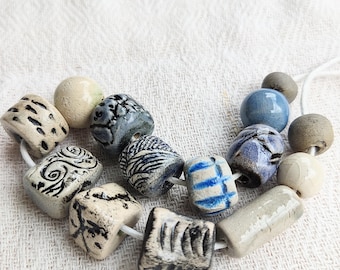Raku Ceramic Beads, Blue White Rustic Boho Jewelry Making Supplies, Handmade Wabi Sabi Style