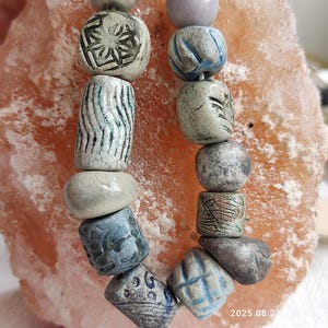 Blue-white raku Ceramic beads patinated unique beads for jewelry making set of beads with different ornaments boho style beads