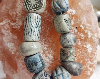 Raku Ceramic Beads Set Blue White Patinated wabisabi Style for jewelry making