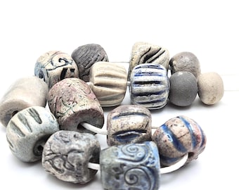 Raku Ceramic Beads: Shabby Blue-White Patinated Boho Jewelry supply