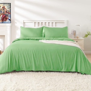 Handmade Avocado Green Cotton Duvet Cover Set, Modern Solid Yarn-Dyed Bedding