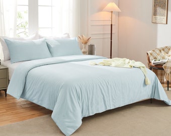 Light Blue Linen Solid/Plain Duvet Cover, Organic & Soft Linen Quilt /Comforter Cover with 2 Pillow Cover Set- Full, King, Queen Size
