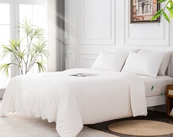 White Linen Solid/Plain Duvet Cover, Organic & Soft Linen Quilt /Comforter Cover with 2 Pillow Cover Set- Full, King, Queen Size