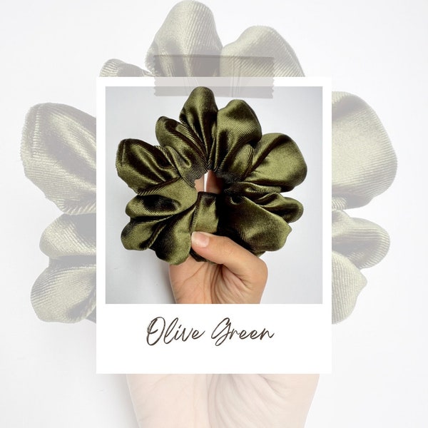 Olive Green Luxury Velvet Scrunchie. Hair tie for thick hair. Perfect hair care gift for her, autumn and winter fashion trend.