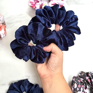 Luxurious Navy Velvet Scrunchie, Handmade Hair Accessory, Oversized Soft Hair Tie, Elegant Satin Alternative, Gift for Her