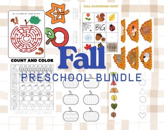 May include: A fall-themed preschool bundle with various activity sheets. Includes a maze, counting exercises, a scavenger hunt, and coloring pages featuring pumpkins, leaves, and woodland animals. The text "Fall Preschool Bundle" is displayed in blue.