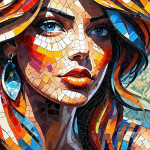 Women&#39;s Portrait, Trendy Wall Art, Stretched Canvas Abstract Print, Expressive Blue Eyes, Contemporary Unique Mosaic Style Art Blend