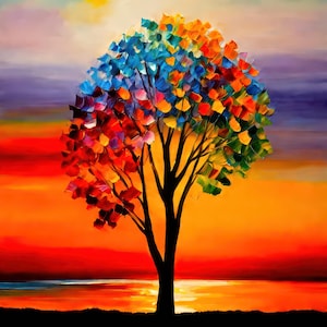 Modern Tree Wall Art, Colorful Silhouette Sunset Landscape, Multicolored Leaves, Abstract Expressionism, Symbolic Wall Decor Canvas Print