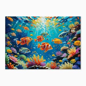 Arte de parede subaquática com peixes tropicais vibrantes, cena colorida de recife de corais, decoração de casa inspirada no oceano, impressão perfeita para casa, escritório, negócios