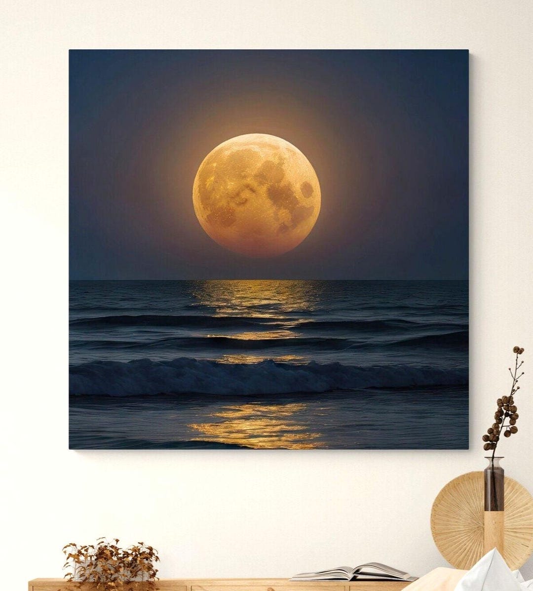 Full Moon Ocean Wall Art Dramatic Harvest Moon Stretched Canvas Print ...