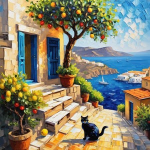 Charming Mediterranean Village, Travel-Inspired Canvas Wall Art Series, Vibrant Coastal Scene, Lemon Trees, Blue Doors, Friendly Black Cat
