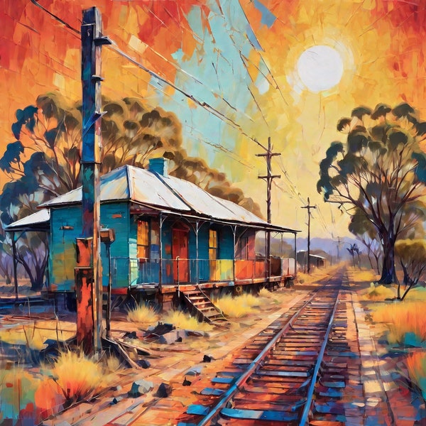 Australian Outback Art, Abandoned Railway Station, Oil Paint Style Canvas Wall Art, Home Decor, Aussie Bush, Modern Impressionism Genre