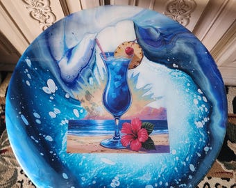 Jimmy Buffett Inspired Patio Table: Resin Coated Pine End Table