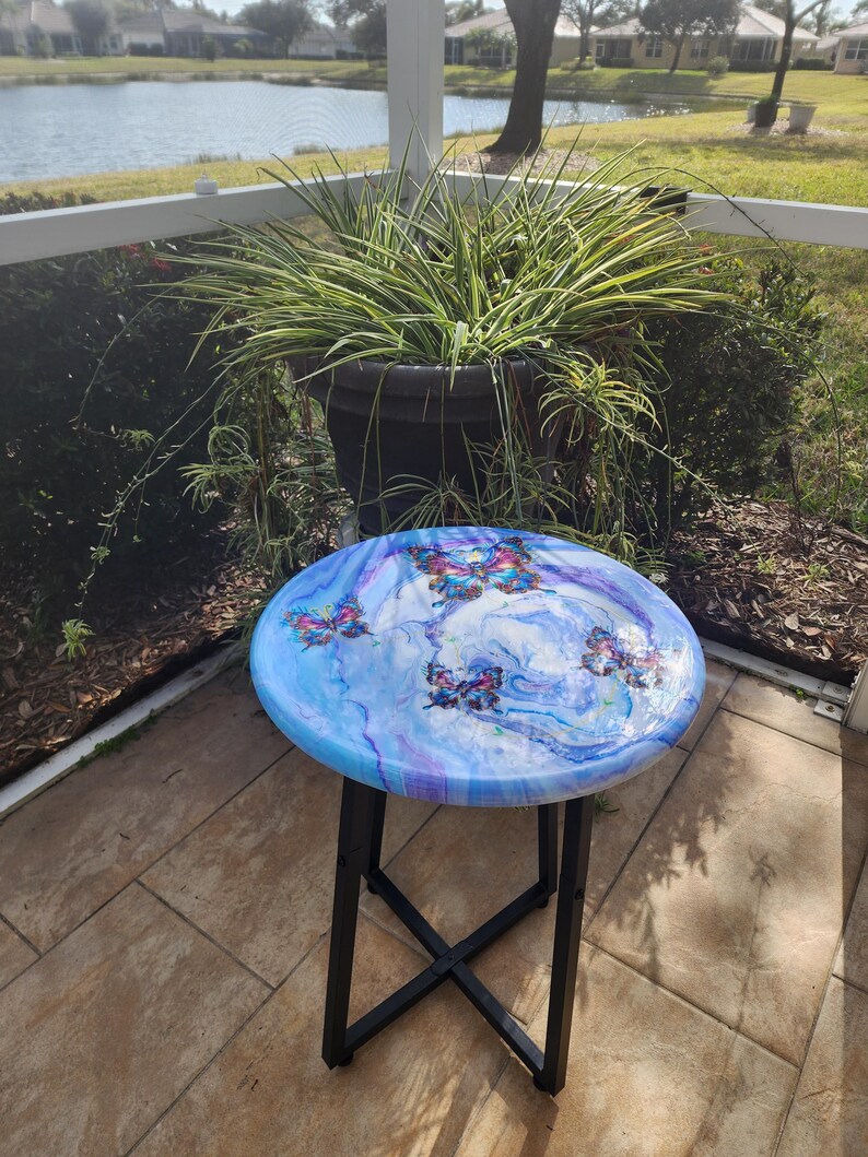 Hand-Painted Butterfly Pine Wood Table, Resin Epoxy Finish Side Table image 8