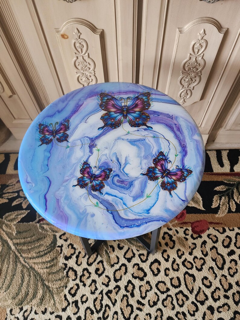 Hand-Painted Butterfly Pine Wood Table, Resin Epoxy Finish Side Table image 5